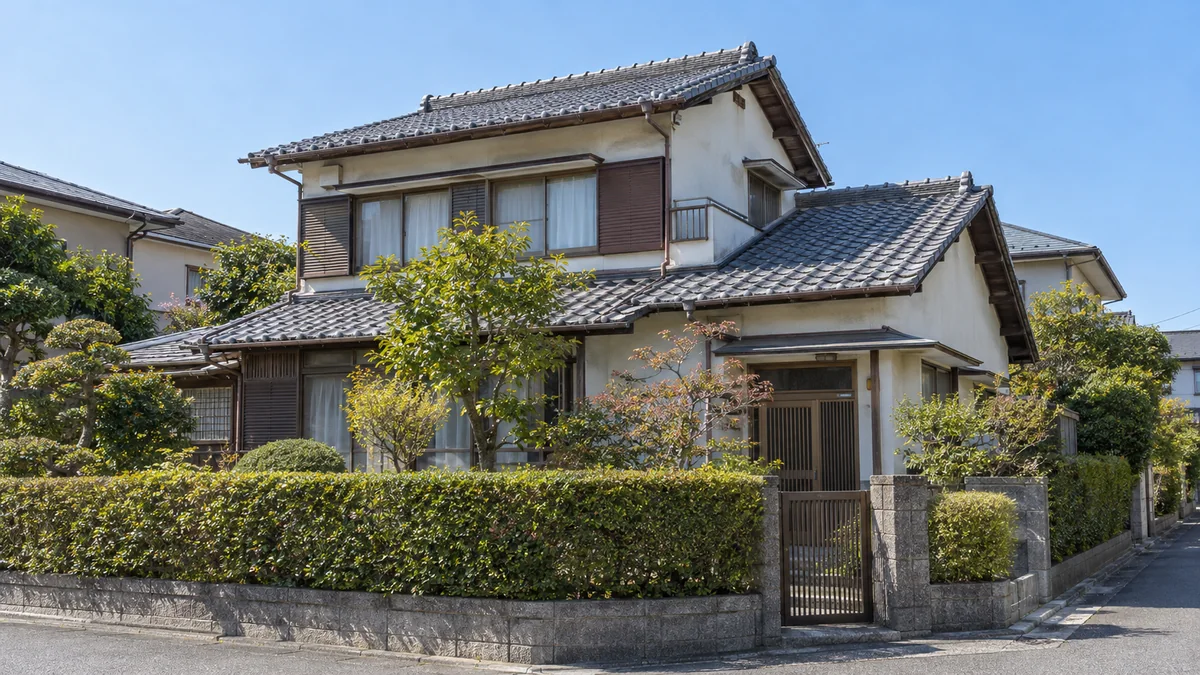築年数の経った木造2階建ての戸建て住宅の外観。郊外の住宅街で、手前に低い生け垣と小さな庭がある